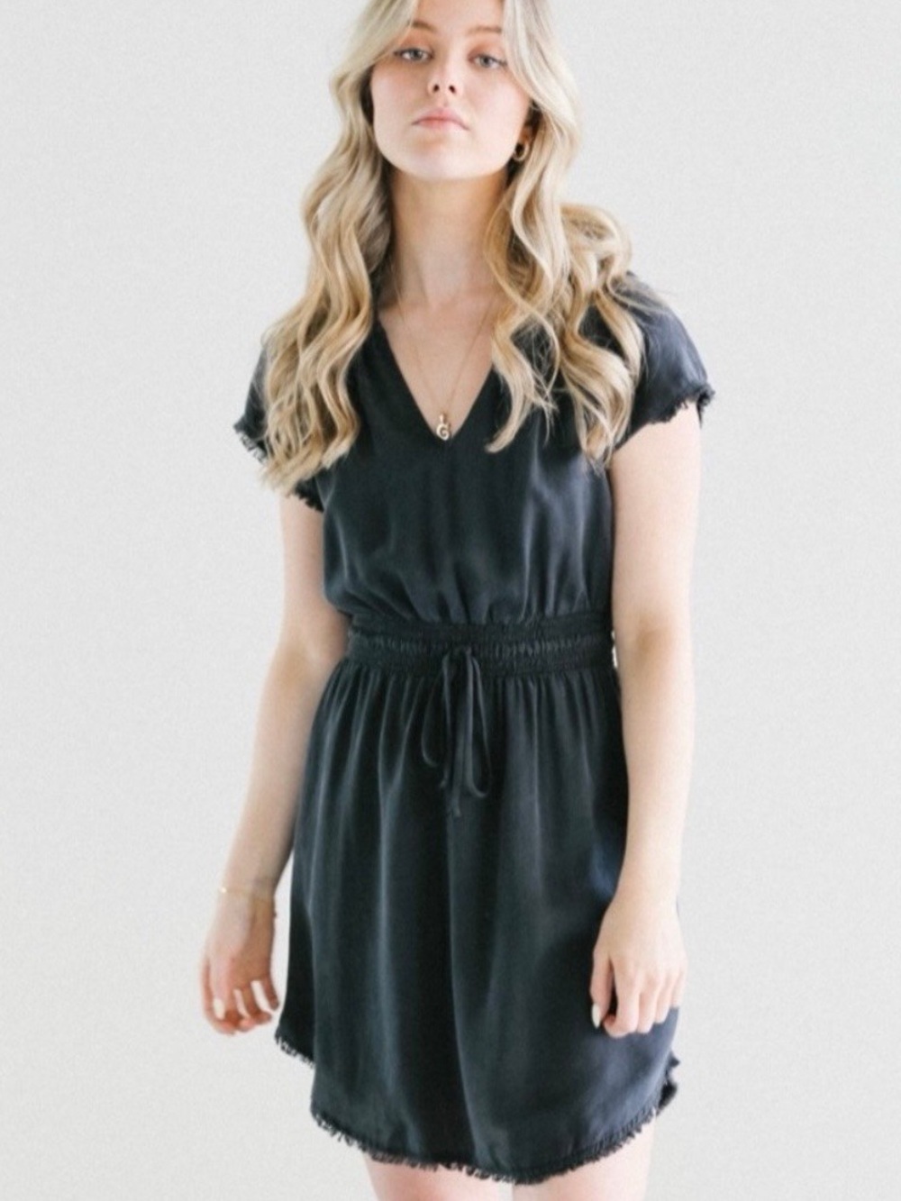 Bella Dahl Soraida Frayed Smocked Waist Black Mini Dress NEW